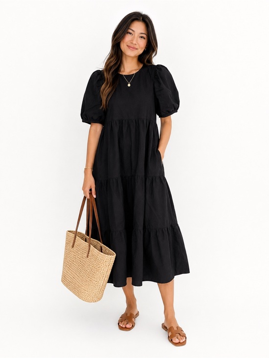 Zara Dresses & Skirts - Zara Black Puff-Sleeve Tiered Midi Dress